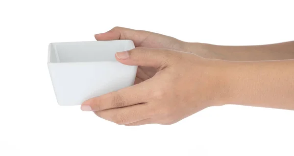 Kézi holding négyzet kerámia Bowl izolált fehér alapon — Stock Fotó