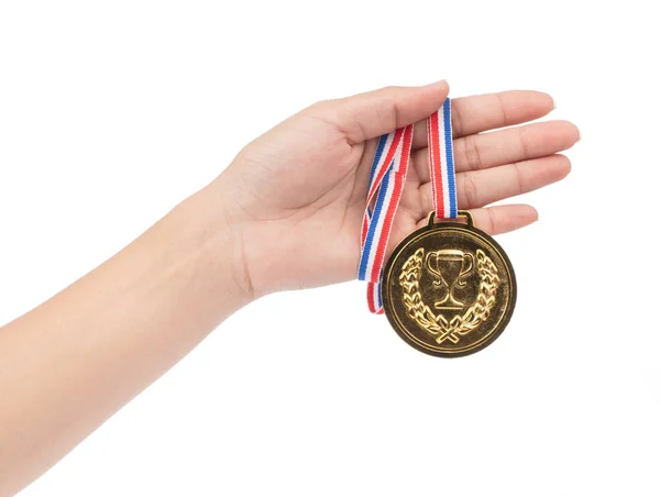 Vencedor mão levantada e segurando medalha de ouro com isol fita — Fotografia de Stock