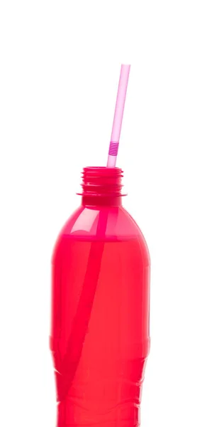 Plastic bottle of raspberry drink isolated on white background — Stockfoto