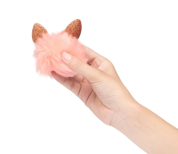 Hand holding keychain Fur ball isolated on white background — 스톡 사진