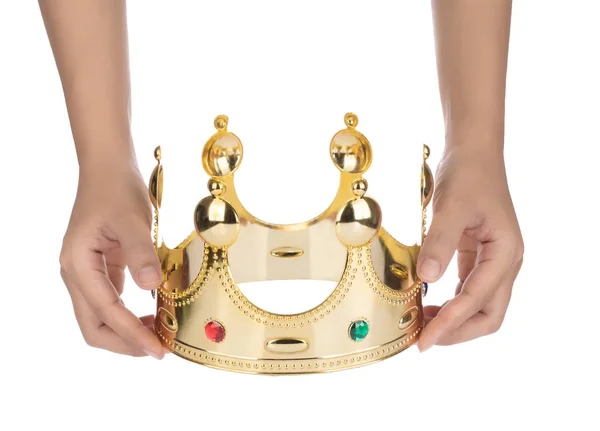 Corona de oro de mano con joya aislada en ba blanca — Foto de Stock