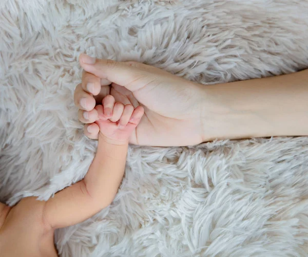 갓난아기의 손가락을 잡고 있는 부모의 손 — 스톡 사진
