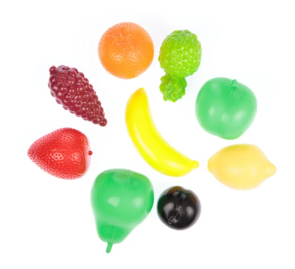 Conjunto de plástico de brinquedo de frutas isolado no fundo branco — Fotografia de Stock
