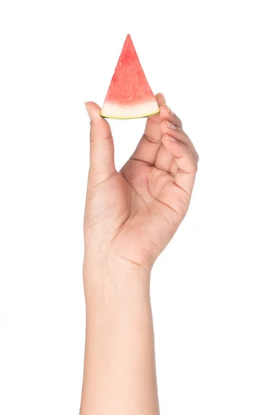 Hand holding slice of watermelon isolated on white background — 图库照片