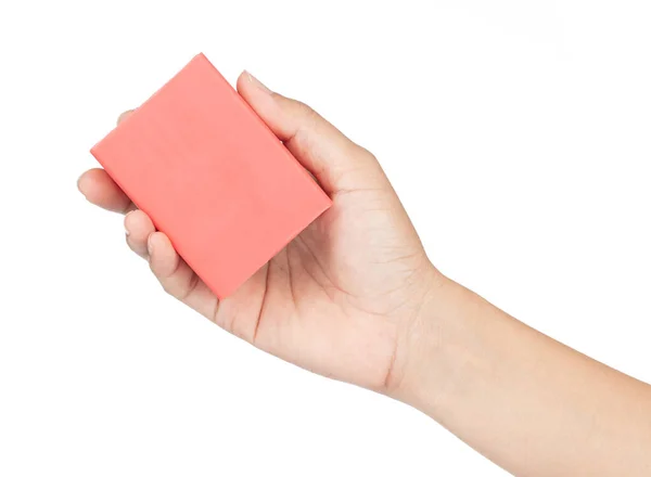 Tenuta a mano Rosso di sapone isolato su sfondo bianco — Foto Stock