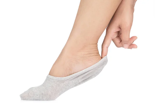 Human foot dressed fabric short sock isolated on a white backgro — Stock Photo, Image