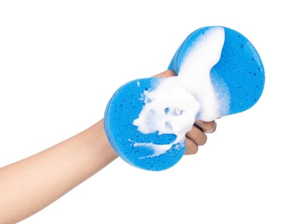 Hand holding Sponge with foam soap sud isolated on white backgro — Stock Photo, Image