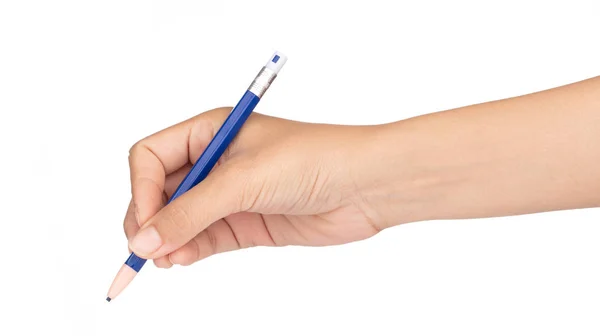 Hand holding blue pencil isolated on a white background — Stock Photo, Image