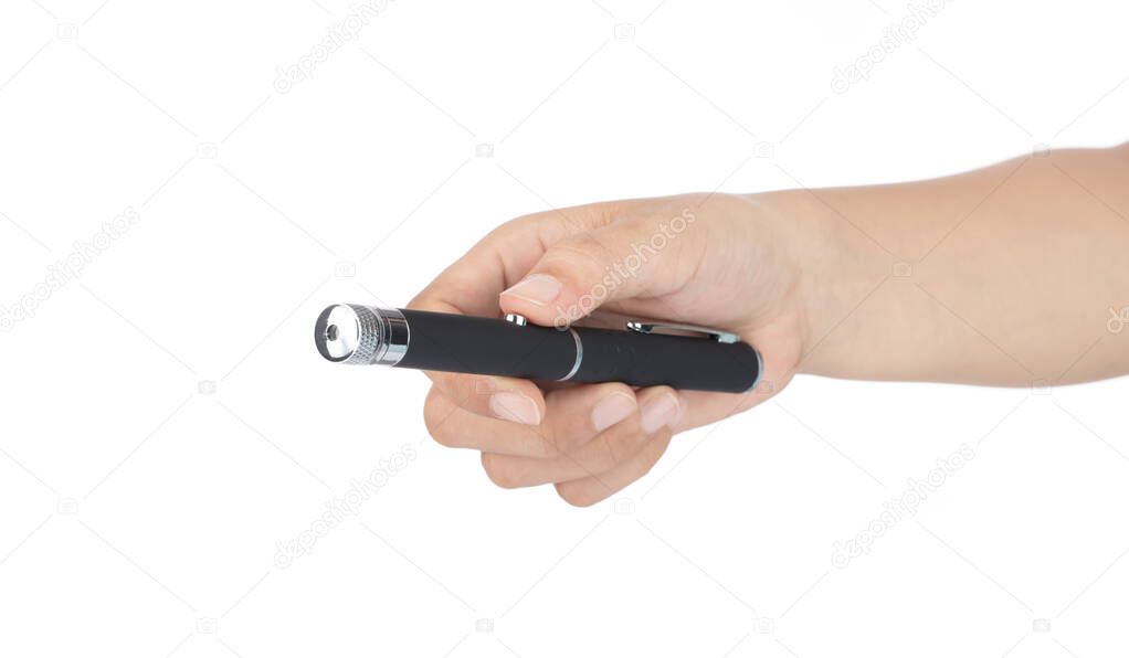 Hand holding Laser pointer pen isolated on white background