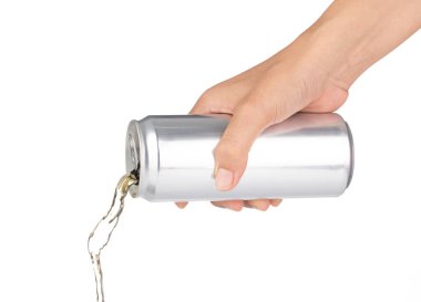 Hand pouring beverage from metal can isolated on white backgroun