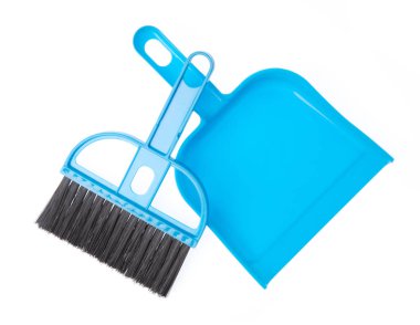 Blue Broom and dustpan isolated on white background. 