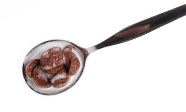 spoon of chocolate Cereal with milk isolated on white background
