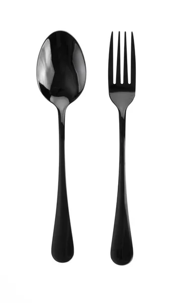 黑色勺子和叉子在白色背景上隔离 — 图库照片