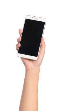 Telefonu tutan el beyaz arkaplanda izole edildi
