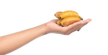 El ele tutuşan muzlar beyaz arka planda izole edilmiş