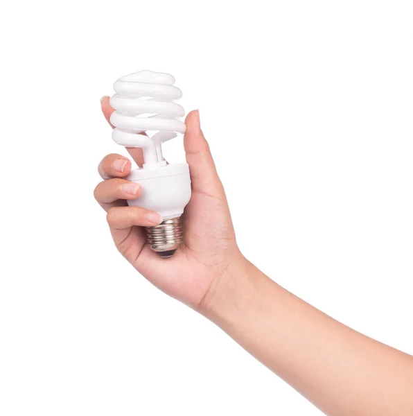 Рука Держит Светящуюся Лампочку Изолированы Белом Фоне — стоковое фото