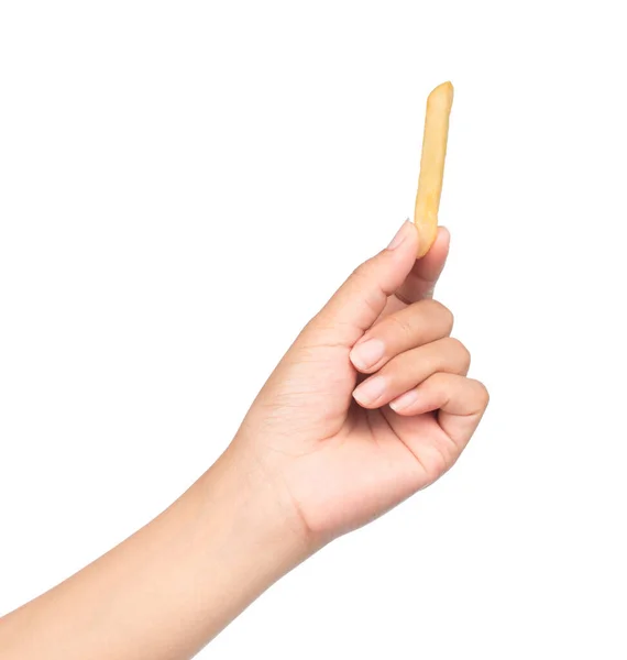 Mão Segurando Batatas Fritas Francesas Isoladas Fundo Branco — Fotografia de Stock