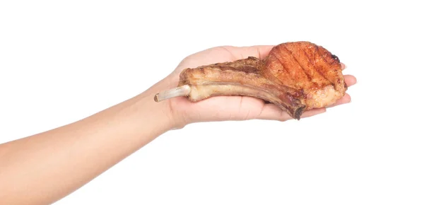 Hand Hält Gegrillte Schweinerippchen Isoliert Auf Weißem Hintergrund — Stockfoto