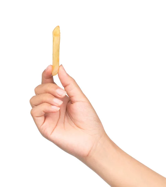 Mão Segurando Batatas Fritas Francesas Isoladas Fundo Branco — Fotografia de Stock