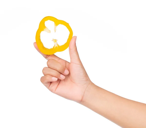 Hand Holding Slice Bell Pepper Isolated White Background — Stock Photo, Image
