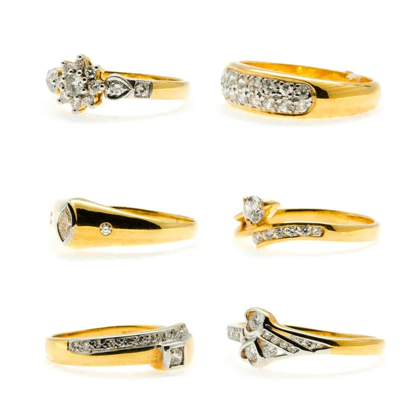 Coleção Anéis Casamento Ouro Isolados Fundo Branco — Fotografia de Stock