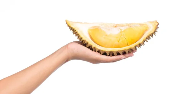 Mano Sosteniendo Parte Frutos Durianos Aislados Sobre Fondo Blanco — Foto de Stock
