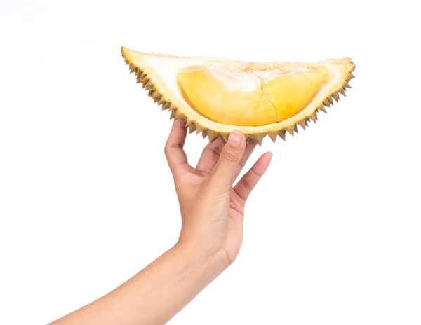 Mano Sosteniendo Parte Frutos Durianos Aislados Sobre Fondo Blanco — Foto de Stock