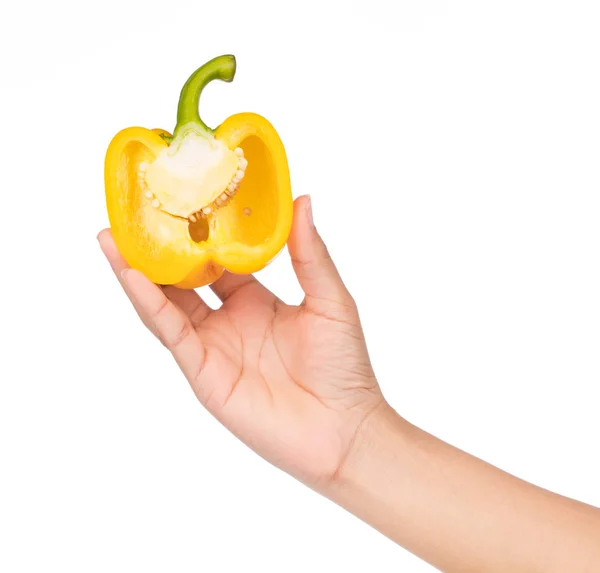 Hand Houden Slice Bell Pepper Geïsoleerd Witte Achtergrond — Stockfoto