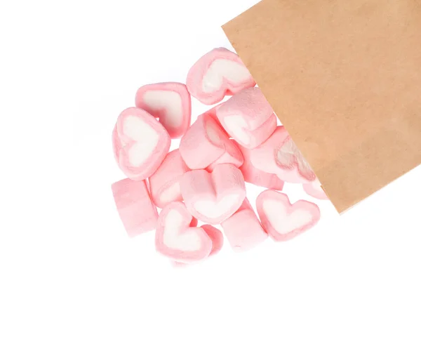 Braune Tasche Mit Süßer Herzform Von Marshmallow Isoliert Auf Weißem — Stockfoto