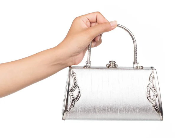 Hand Hält Silber Clutch Mit Diamanten Isoliert Auf Weißem Hintergrund — Stockfoto