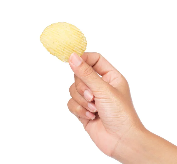 Hand Houden Aardappel Chips Geïsoleerd Witte Achtergrond — Stockfoto
