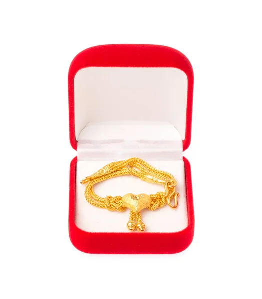 Gouden Ketting Met Hart Hanger Rood Fluwelen Doos Geïsoleerd Witte — Stockfoto