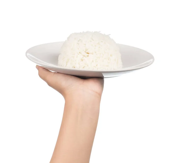 Mano Sosteniendo Plato Arroz Aislado Sobre Fondo Blanco — Foto de Stock