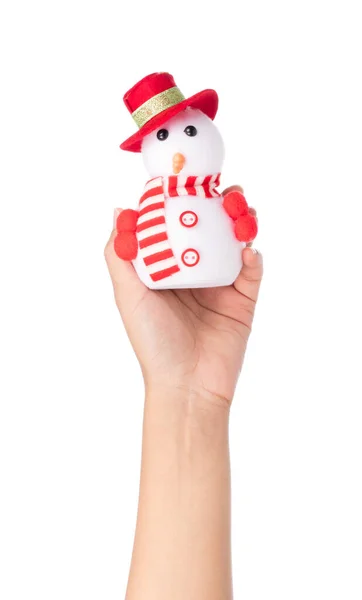 Hand Holding Snowman Toy Dressed Scarf Cap Isolated White Background — Stock Photo, Image