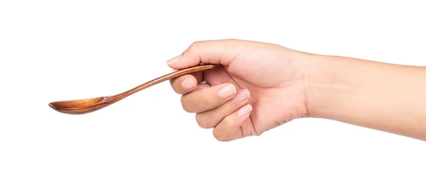 Hand Holding Wood Spoon Isolated White Background — Stock Photo, Image
