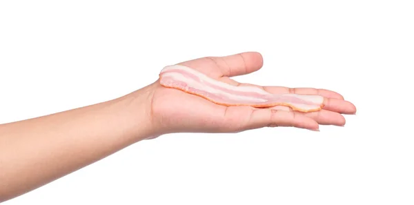 Mão Segurando Bacon Cru Isolado Fundo Branco — Fotografia de Stock