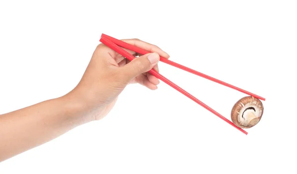 Χέρι Κρατώντας Chopsticks Μανιτάρια Champignon Απομονώνονται Λευκό Φόντο — Φωτογραφία Αρχείου
