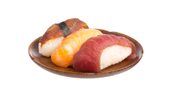 Sushi Fresco Plato Madera Aislado Sobre Fondo Blanco — Foto de Stock