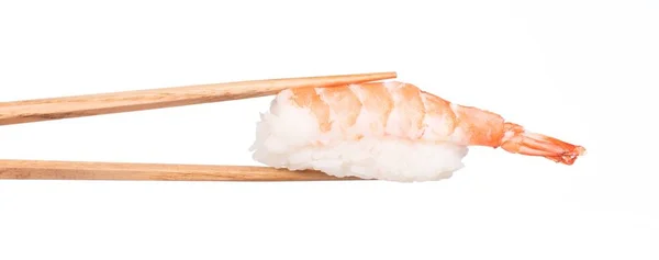 Mão Segurando Camarão Sushi Por Pauzinhos Isolados Fundo Branco — Fotografia de Stock