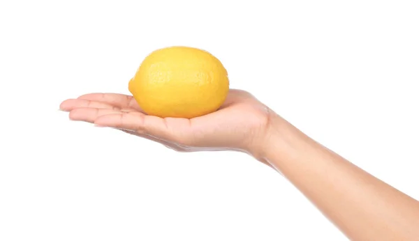 Рука Держа Свежий Лимон Изолирован Белом Фоне — стоковое фото