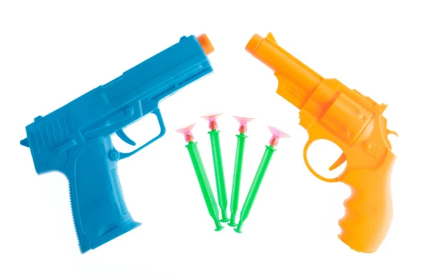 Plastic Speelgoedpistool Met Darts Geïsoleerd Witte Achtergrond — Stockfoto