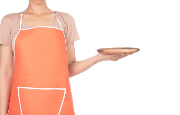 Female Chef Holding Plate Isolated White Background — Stock Photo, Image