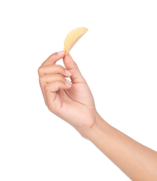 Mão Segurando Batatas Fritas Isoladas Fundo Branco — Fotografia de Stock