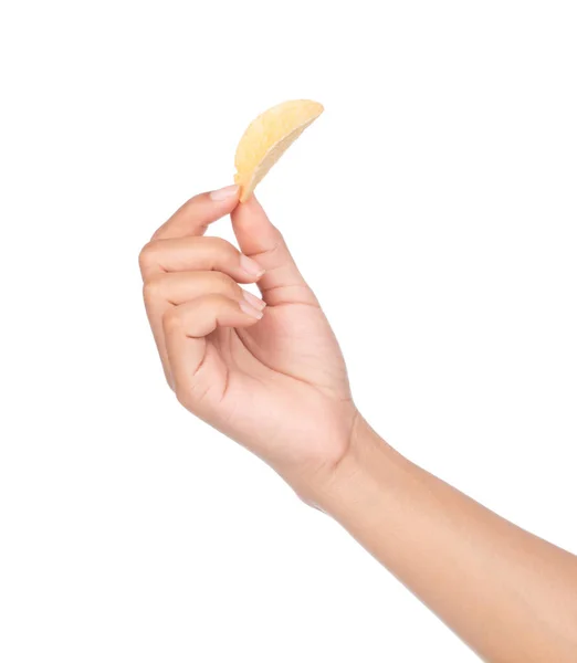 Mano Sosteniendo Patatas Fritas Aisladas Sobre Fondo Blanco —  Fotos de Stock