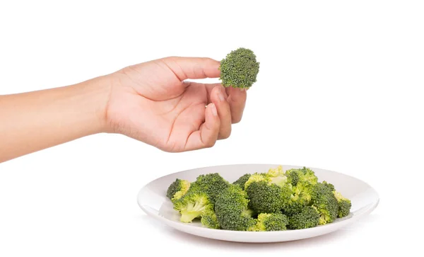 Tangan Memegang Piring Dari Broccoli Terisolasi Pada Latar Belakang Putih — Stok Foto