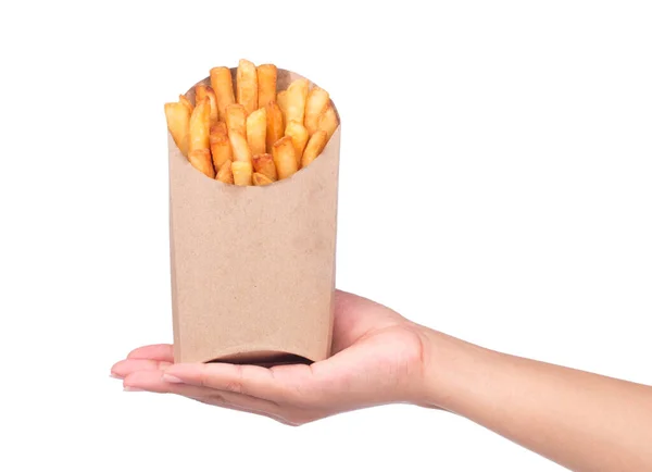 Hand Holding French Fries Brown Paper Bag Isolated White Background — Stock Photo, Image