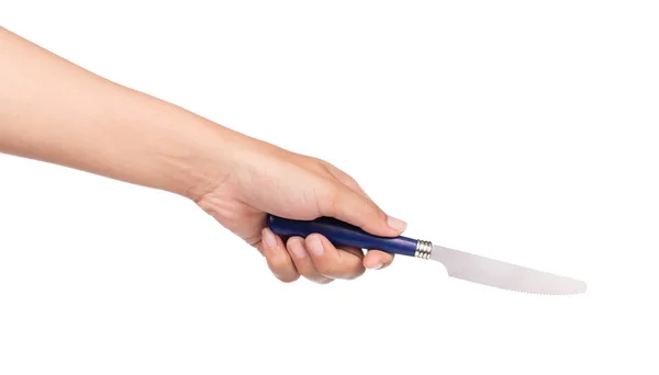 Beyaz Arka Planda Izole Edilmiş Ellerle Tutulan Bir Bıçak — Stok fotoğraf