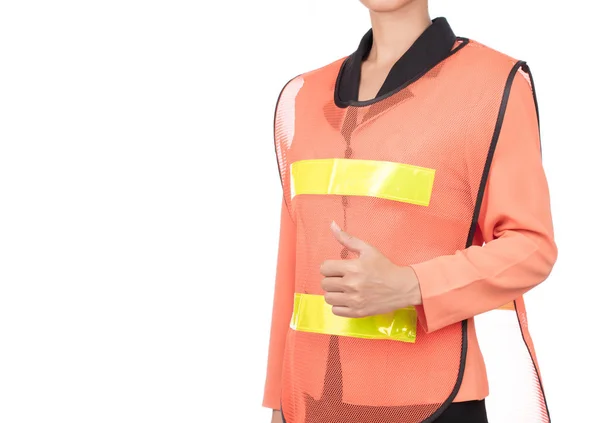 穿着橙色衬衫的女土木工程师把大拇指伸出来 与白色背景隔离 — 图库照片