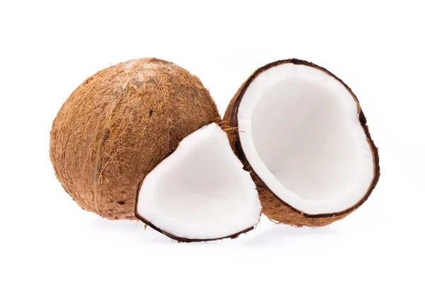 Stary Brązowy Organicznych Kokosowe Owoców Kopry Podzielone Kawałki Ułożone Białym — Zdjęcie stockowe