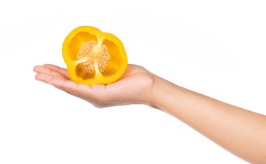 Beyaz arka planda, Bell Pepper 'ın el ele tutuşması.